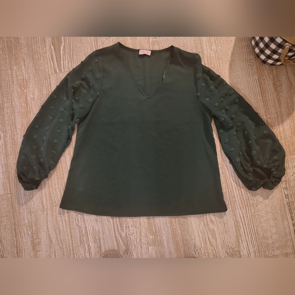 Pink Lily Forest Green V-Neck Blouse with Embroidered Sheer Sleeves